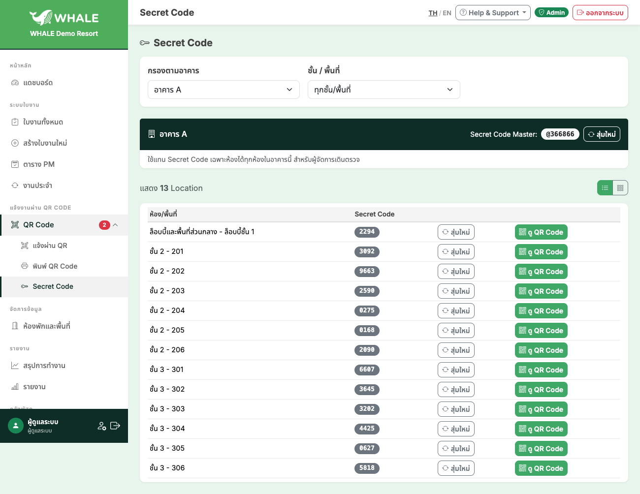 หน้าจัดการ Secret Code พร้อมปุ่มสุ่มรหัสใหม่รายห้องและรายอาคาร